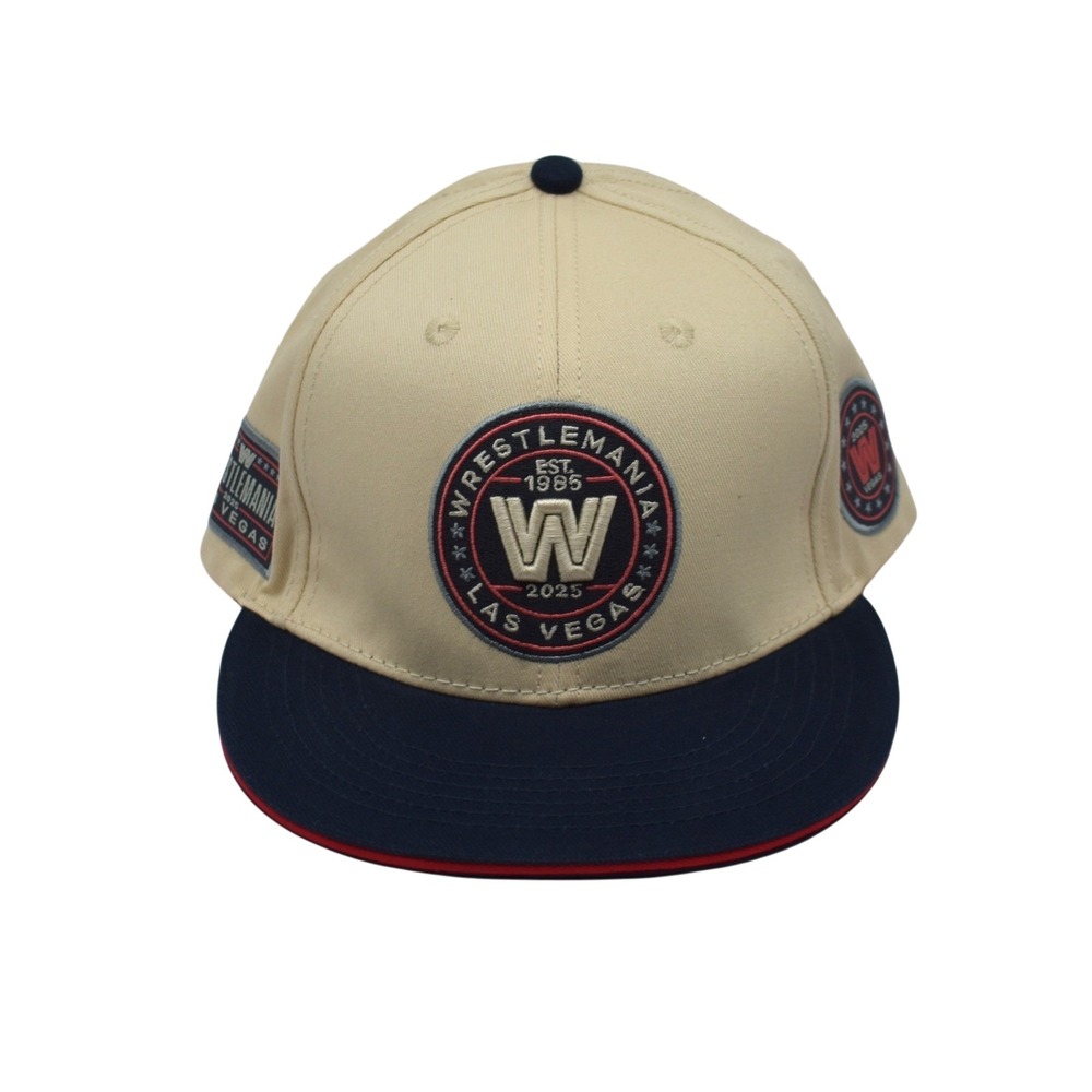 WWE WrestleMania 41 Las Vegas 2025 Old School Snapback Hat Cap Cream Navy NEW